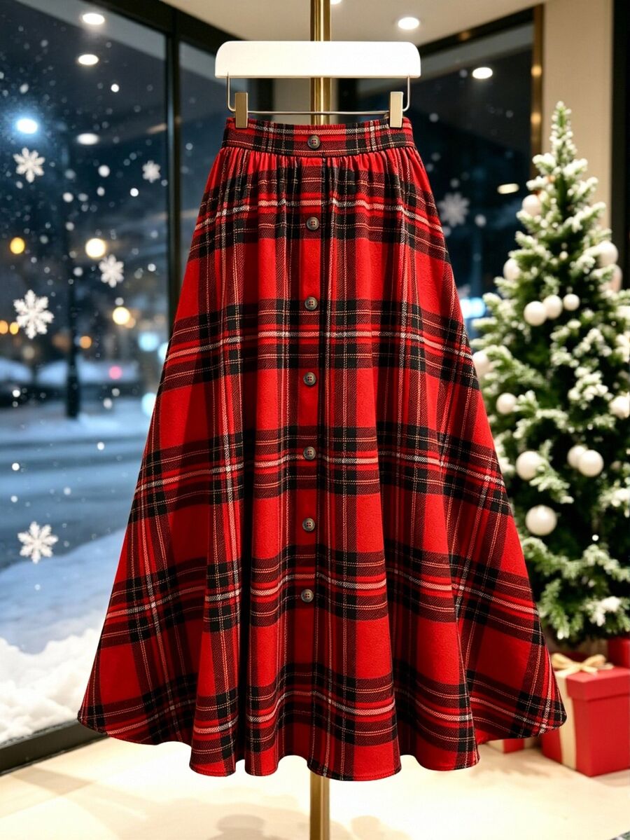 GlowEve CURVE Plus Size Plaid A-Line Skirt With Single Button Closure Fall/Winter Brunch Birthday Red Vintage Retro Christmas,New Year, Date, - Red - View 1