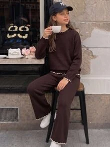 SHEIN 青少年女孩套裝 深棕色長袖圓領素色針織毛衣搭配對比飾邊寬腿長褲 - 棕色 - 查看 8