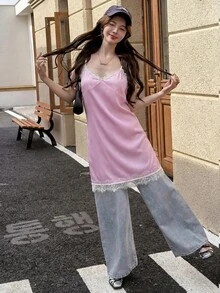 K-Vae 女款春夏休閒性感外出約會通勤百搭日常極簡度假假日夏日穿搭細肩帶V領拼接蕾絲飾邊韓風純欲風迷你洋裝 - 粉色 - 查看 6