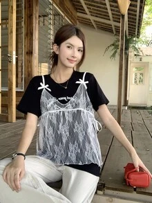 K-Vae Women's Lace Bow Camisole Layering Top, Versatile Sheer Mesh Outerwear, Sweet & Spicy Style Tank Top - White - View 1