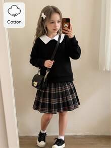 SHEIN 2件套女童休闲毛绒衬衫领卫衣和格子百褶裙套装，适合春秋季穿着 - 黑色 - 查看 3