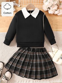 SHEIN 2件套女童休闲毛绒衬衫领卫衣和格子百褶裙套装，适合春秋季穿着 - 黑色 - 查看 4