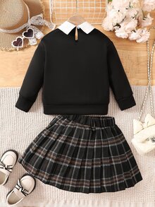 SHEIN 2件套女童休闲毛绒衬衫领卫衣和格子百褶裙套装，适合春秋季穿着 - 黑色 - 查看 2