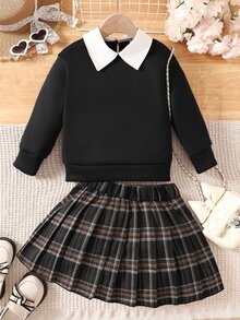 SHEIN 2件套女童休闲毛绒衬衫领卫衣和格子百褶裙套装，适合春秋季穿着 - 黑色 - 查看 5