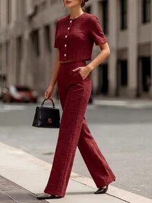 Editum Women's Solid Color Short Sleeve Top And Long Pants Casual Elegant Daily 2 Pieces Set Office Dinner Tea Party Burgundy Summer - Red - View 8