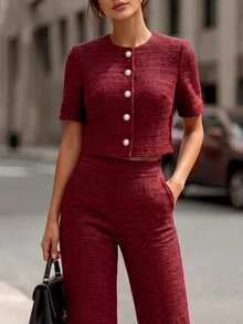 Editum Women's Solid Color Short Sleeve Top And Long Pants Casual Elegant Daily 2 Pieces Set Office Dinner Tea Party Burgundy Summer - Red - View 11