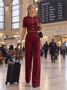 Editum Women's Solid Color Short Sleeve Top And Long Pants Casual Elegant Daily 2 Pieces Set Office Dinner Tea Party Burgundy Summer - Red - View 4