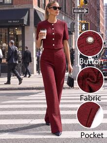 Editum Women's Solid Color Short Sleeve Top And Long Pants Casual Elegant Daily 2 Pieces Set Office Dinner Tea Party Burgundy Summer - Red - View 6