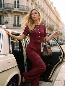 Editum Women's Solid Color Short Sleeve Top And Long Pants Casual Elegant Daily 2 Pieces Set Office Dinner Tea Party Burgundy Summer - Red - View 2