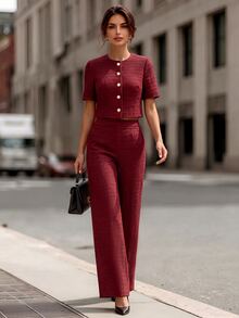 Editum Women's Solid Color Short Sleeve Top And Long Pants Casual Elegant Daily 2 Pieces Set Office Dinner Tea Party Burgundy Summer - Red - View 9