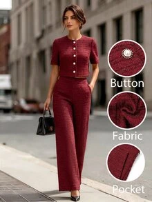 Editum Women's Solid Color Short Sleeve Top And Long Pants Casual Elegant Daily 2 Pieces Set Office Dinner Tea Party Burgundy Summer - Red - View 5