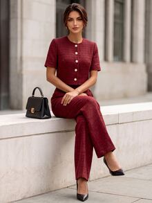 Editum Women's Solid Color Short Sleeve Top And Long Pants Casual Elegant Daily 2 Pieces Set Office Dinner Tea Party Burgundy Summer - Red - View 10