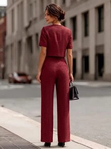 Editum Women's Solid Color Short Sleeve Top And Long Pants Casual Elegant Daily 2 Pieces Set Office Dinner Tea Party Burgundy Summer - Red - View 7