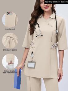 Scrubzie Atasan Seragam Medis Panjang Bordir dengan Kerah Asimetris - Khaki - View 1