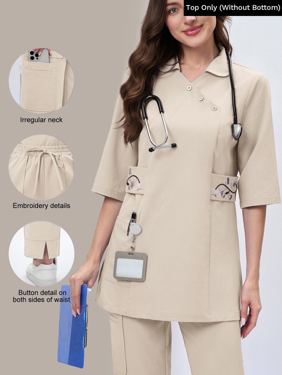 Scrubzie Atasan Seragam Medis Panjang Bordir dengan Kerah Asimetris - Khaki - View 1