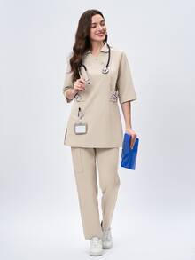 Scrubzie Atasan Seragam Medis Panjang Bordir dengan Kerah Asimetris - Khaki - View 3