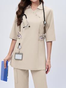 Scrubzie Atasan Seragam Medis Panjang Bordir dengan Kerah Asimetris - Khaki - View 4