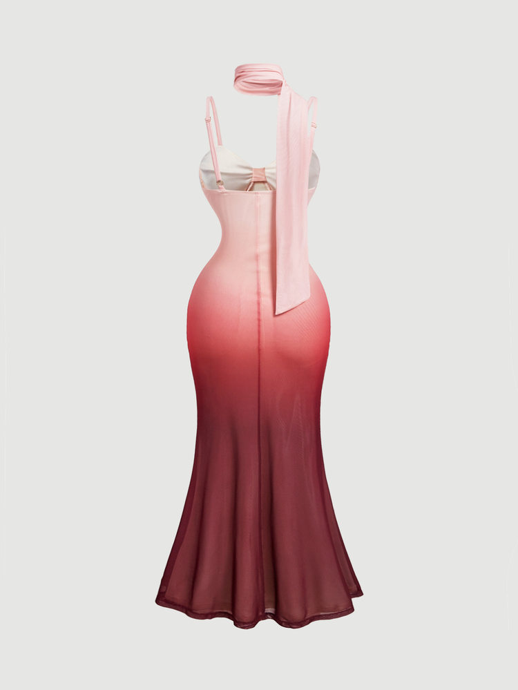 SHEIN MOD Sophisticated Women's Strappy Long Dress Featuring A Beautiful Gradient Color And Flowy Mesh Fabric With Scarf Accent,Halloween/Party/Role Play Dress - Multicolor - View 4