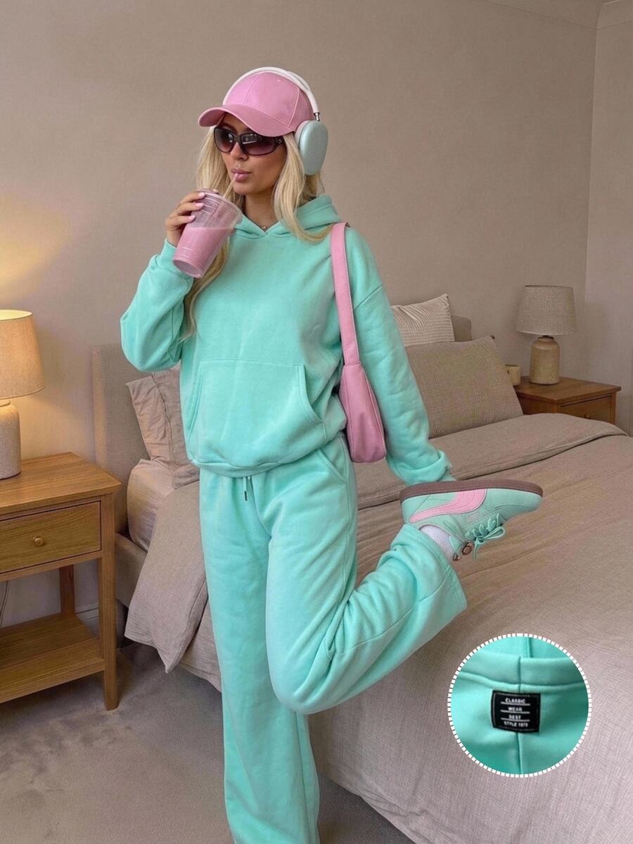 CovetEZ Women's Solid Color Hoodie & Sweatpants Fashion Casual Set - Mint Green - View 1