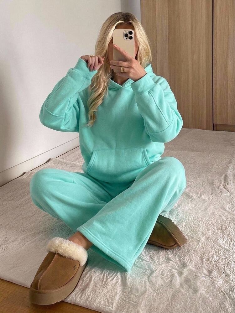 CovetEZ 2 Set Women's Solid Color Hoodie Sweatpants Fashion Casual Set Lounge Airport Turquoise Green Loose-Fitting Hooded Sweatshirt Two-Piece Set - Mint Green - View 3