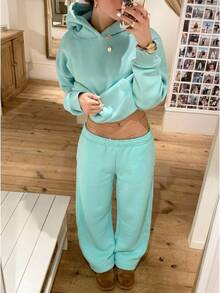 CovetEZ Women's Solid Color Hoodie & Sweatpants Fashion Casual Set - Mint Green - View 4
