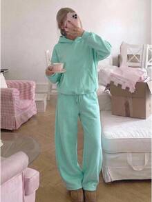 CovetEZ Women's Solid Color Hoodie & Sweatpants Fashion Casual Set - Mint Green - View 8