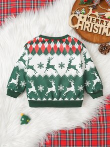 SHEIN Baby Boy Autumn/Winter Green Plaid Christmas Sweatshirt (Unisex/Winter Wear), Matching Parent-Child Christmas Outfit, Reindeer Pattern - Green - View 3