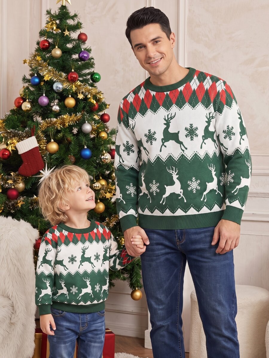 SHEIN Baby Boy Autumn/Winter Green Plaid Christmas Sweatshirt (Unisex/Winter Wear), Matching Parent-Child Christmas Outfit, Reindeer Pattern - Green - View 1