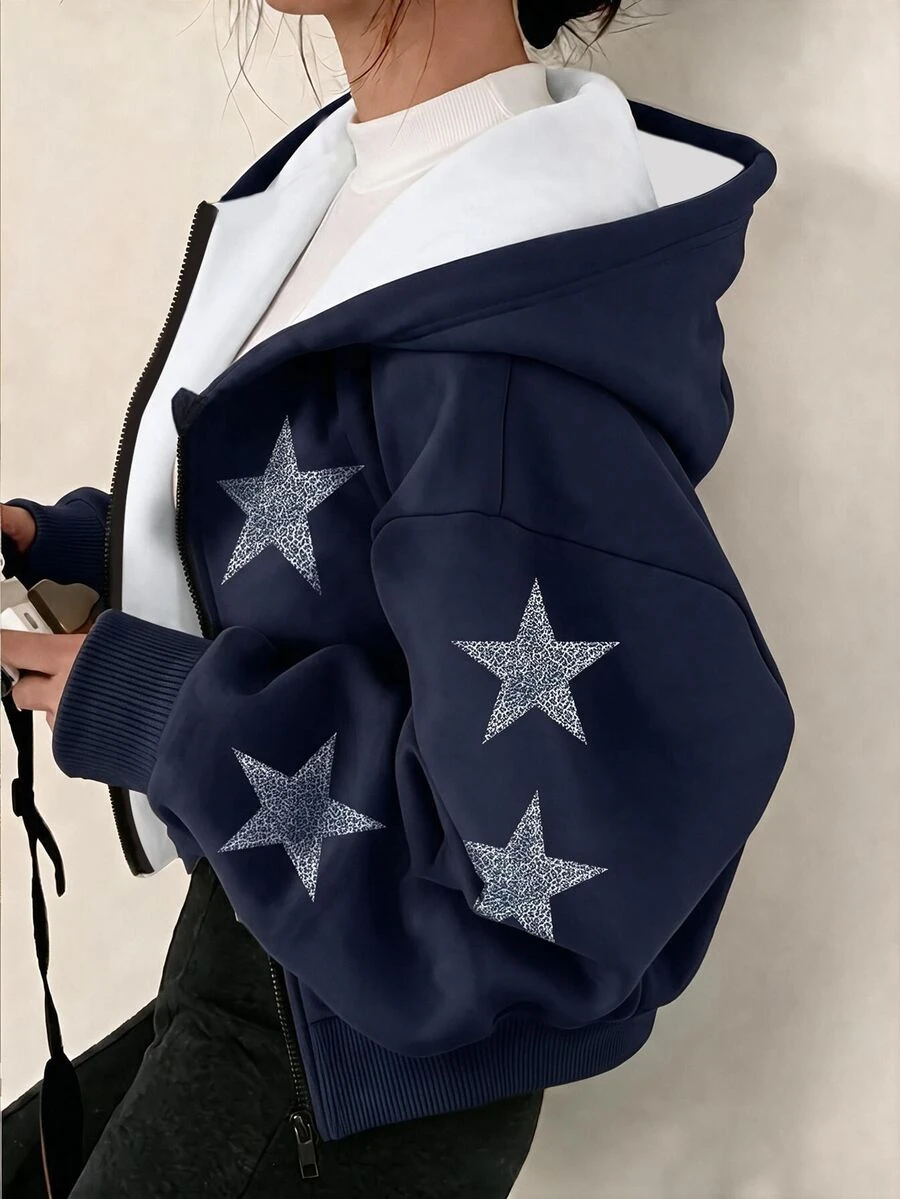 SHEIN Sweetra Young 復古時尚海軍藍少女休閒寬鬆落肩長袖拉鍊連帽衛衣,秋冬日常穿著,街頭風,甜美女孩感,輕鬆營造美式秋季休閒氛圍,高穿搭率 - 彩色 - 查看 1