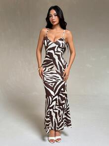 SHEIN PETITE Women's Petite Brown Sexy Printed Bodycon Dress With Lace-Up Straps - Brown - View 6