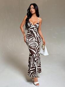 SHEIN PETITE Women's Petite Brown Sexy Printed Bodycon Dress With Lace-Up Straps - Brown - View 7