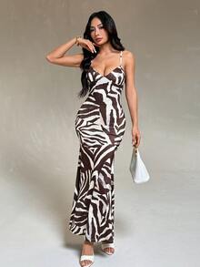 SHEIN PETITE Women's Petite Brown Sexy Printed Bodycon Dress With Lace-Up Straps - Brown - View 3