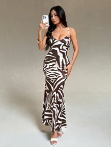 SHEIN PETITE Women's Petite Brown Sexy Printed Bodycon Dress With Lace-Up Straps - Brown - View 5