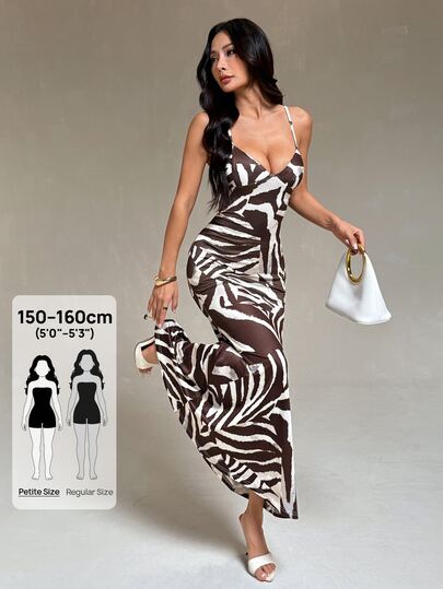 SHEIN PETITE Women's Petite Brown Sexy Printed Bodycon Dress With Lace-Up Straps