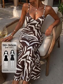 SHEIN PETITE Women's Petite Brown Sexy Printed Bodycon Dress With Lace-Up Straps - Brown - View 4