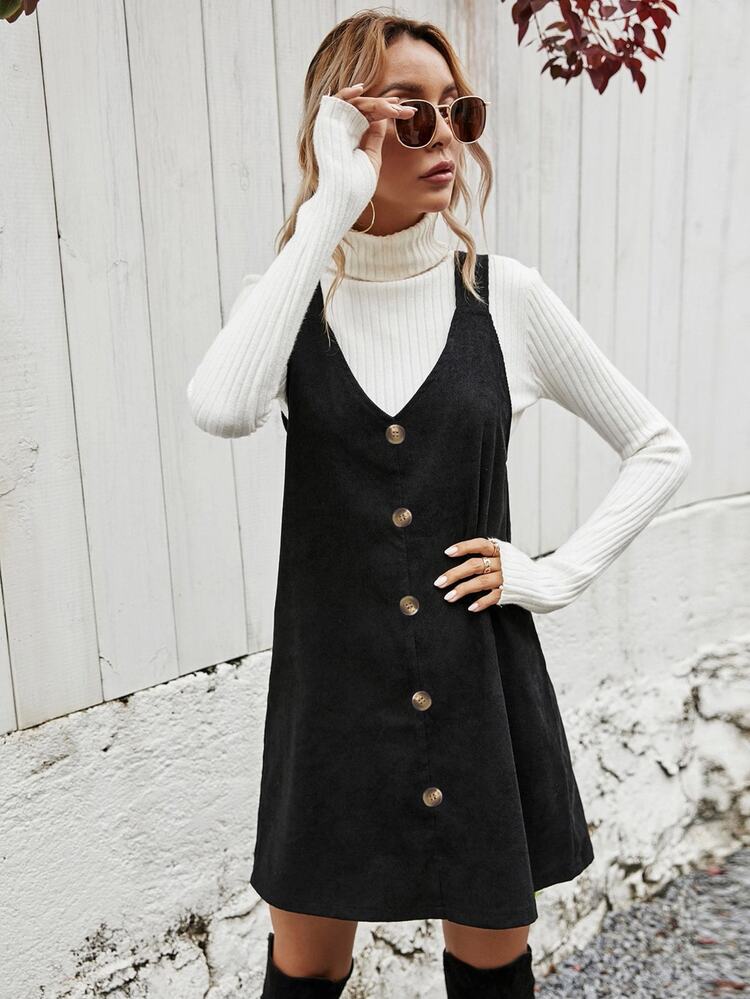SHEIN Solid Button Front Corduroy Pinafore Dress - Black - View 4