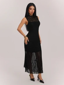 SHEIN PETITE Petite Women's Black Lace Sleeveless Dress With Mock Neck And Cold-Shoulder Design - Black - View 4