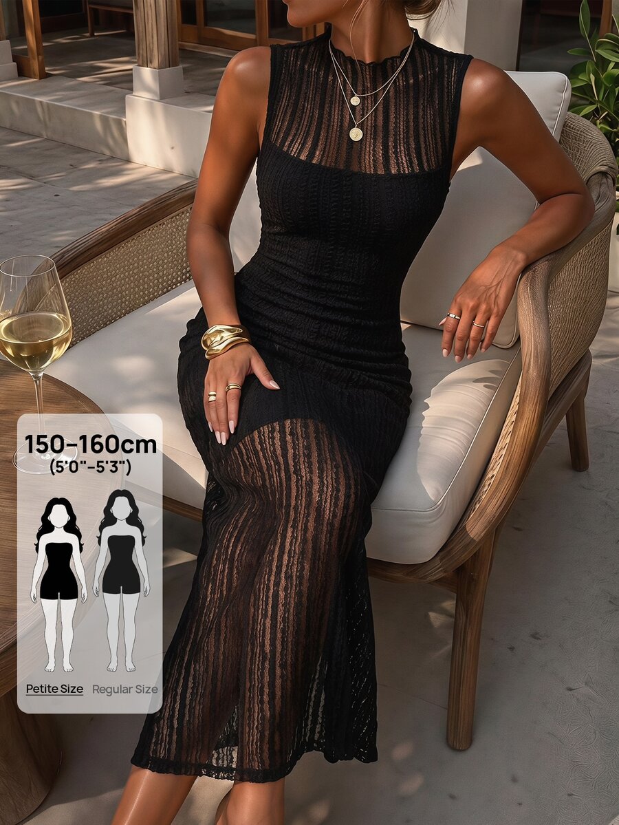 SHEIN PETITE Petite Women's Black Lace Sleeveless Dress With Mock Neck And Cold-Shoulder Design - Black - View 1
