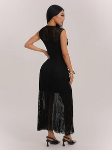 SHEIN PETITE Petite Women's Black Lace Sleeveless Dress With Mock Neck And Cold-Shoulder Design - Black - View 2