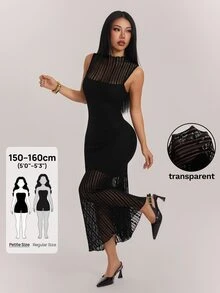 SHEIN PETITE Petite Women's Black Lace Sleeveless Dress With Mock Neck And Cold-Shoulder Design - Black - View 5