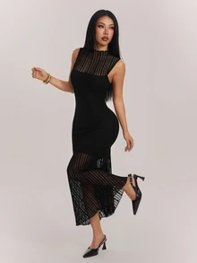 SHEIN PETITE Petite Women's Black Lace Sleeveless Dress With Mock Neck And Cold-Shoulder Design - Black - View 8