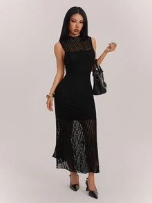 SHEIN PETITE Petite Women's Black Lace Sleeveless Dress With Mock Neck And Cold-Shoulder Design - Black - View 7