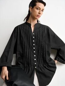 Aalyst 女款秋季新款棉麻休閒優雅極簡寬鬆百搭度假條紋貝殼鈕扣V領落肩袖襯衫辦公黑色 - 黑色 - 查看 5
