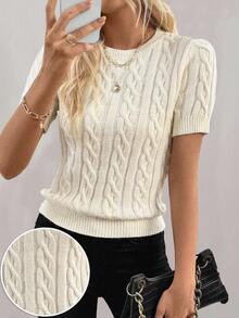 SHEIN PariChic Blogger-Inspired Twist Rope Decor Round Neck Sweater, Fashionable Design, Versatile, Summer/ Teachers' Day Office Off-White French Elegant - Beige - View 3