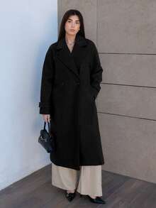 Hitanina 秋冬新款女款寬鬆柔軟羊毛大廓形極簡休閒大衣，優雅風格，適合辦公與日常穿著，黑色 - 黑色 - 查看 1