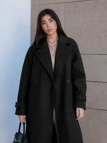 Hitanina 秋冬新款女款寬鬆柔軟羊毛大廓形極簡休閒大衣，優雅風格，適合辦公與日常穿著，黑色 - 黑色 - 查看 6