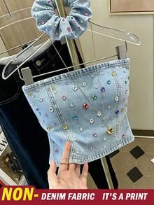 Resyla 夏日風情女款時尚百搭牛仔效果抹胸上衣，重工推薦熱銷彩色鑽飾印花抹胸上衣，適合日常穿著 - 藍色 - 查看 6