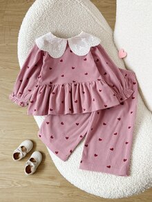 SHEIN 2件組幼女上衣+長褲套裝，甜美公主風粉色愛心燈芯絨蕾絲荷葉邊長袖娃娃領，休閒款，生日派對秋季冬季芭蕾風新品 - 粉色 - 查看 2