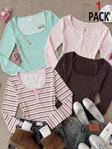 SHEIN 少女秋/冬條紋領收腰長袖T恤－百搭單品，適合正式場合、旅行、度假與日常街頭穿搭；亦可作為姊妹裝或親子裝穿著，展現甜美魅力 - 粉色 - 查看 3