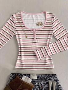 SHEIN 少女秋/冬條紋領收腰長袖T恤－百搭單品，適合正式場合、旅行、度假與日常街頭穿搭；亦可作為姊妹裝或親子裝穿著，展現甜美魅力 - 粉色 - 查看 4